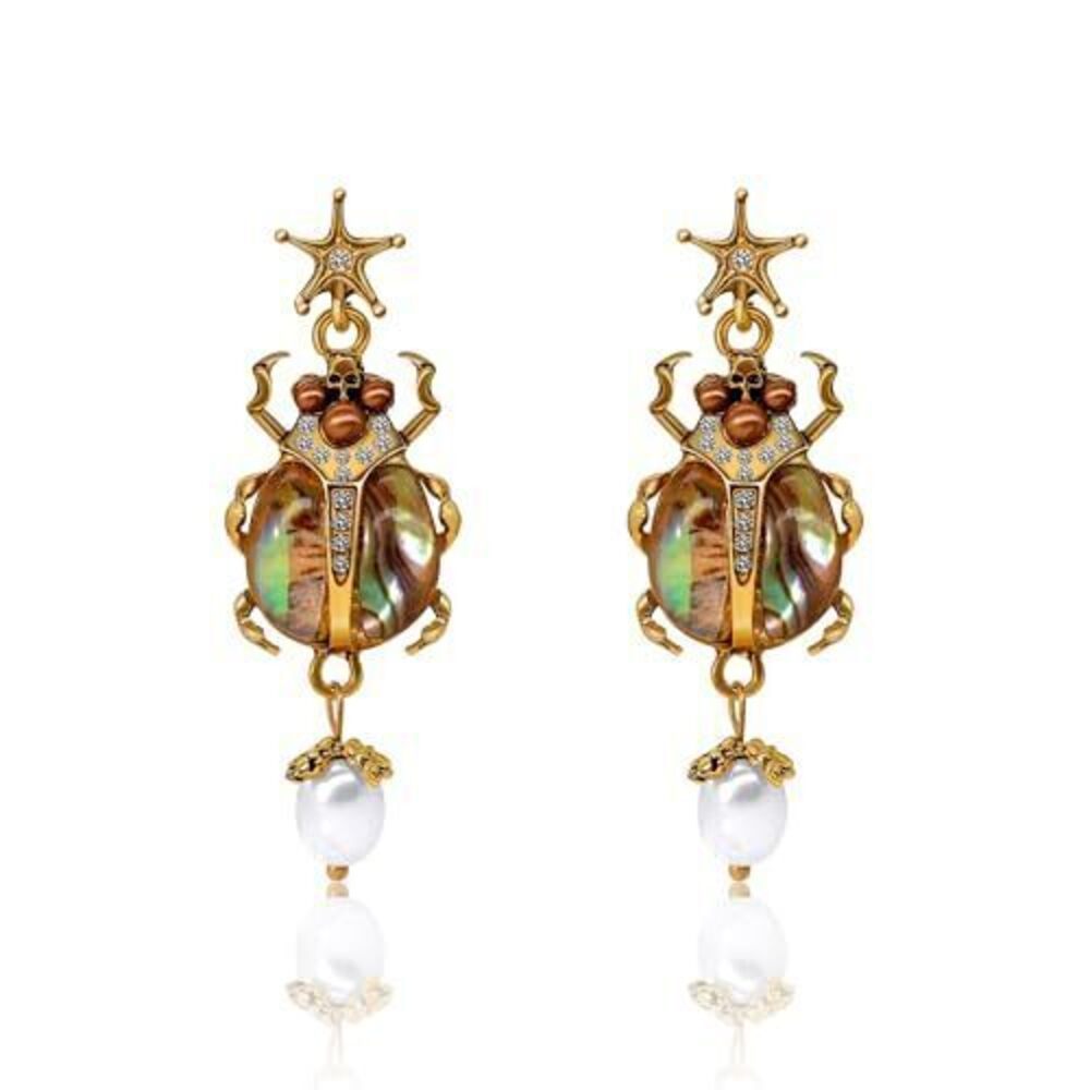 8256 Vintage Beetle Scarab Bug Dangle Earrings , Imitation Pearl Insect